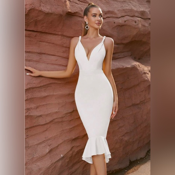 Plunge Asymmetrical Cami Ruffle Scuba Midi Dress